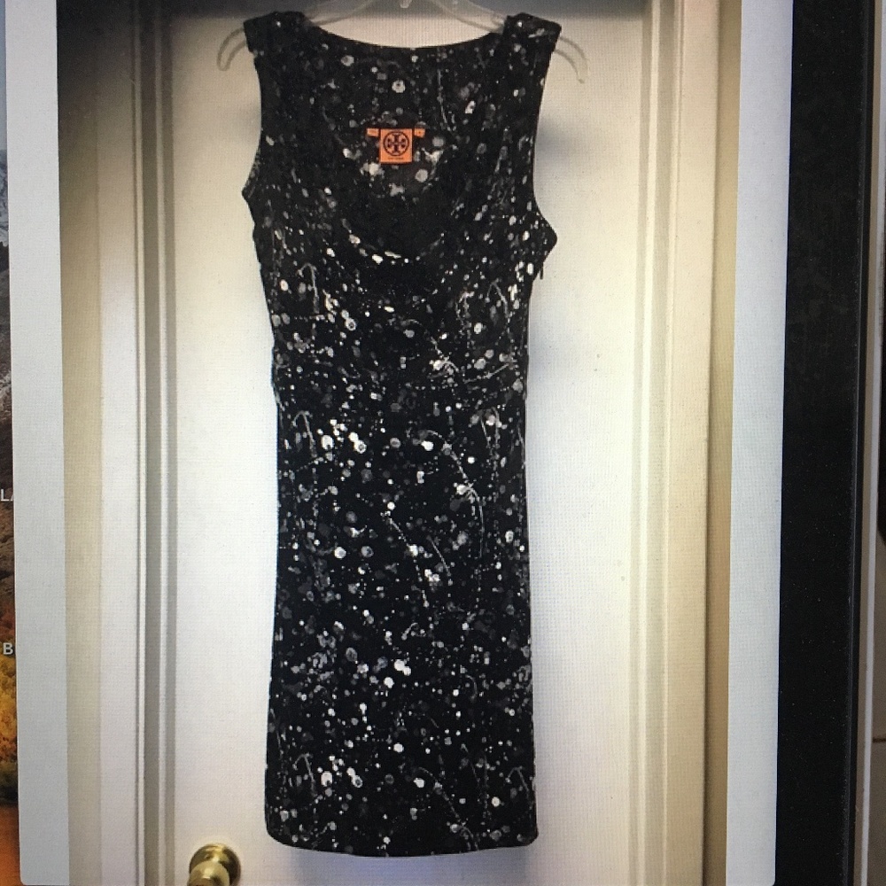 TORY BURCH 100% Silk Black Spatter Print Dress